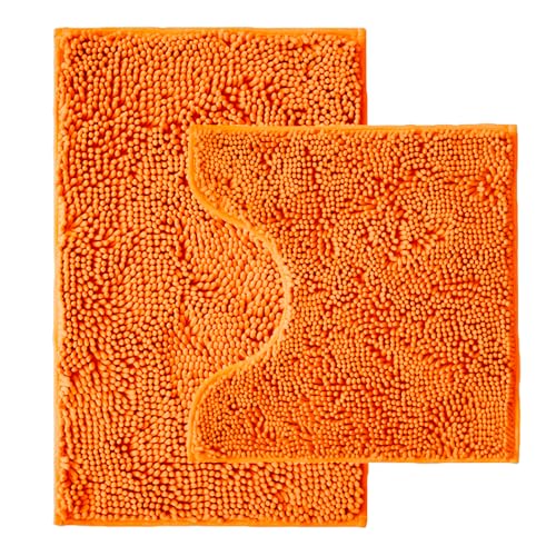 Bathroom Rugs Sets 2 Piece,Super Absorbent Chenille Bath Mats and U-Shaped Toilet Rug,Strong PVC Non Slip Backing,Microfiber Washable Dry Quickly Bath Mats for Bathroom(20"x32"+20"x20"U, Orange) by Catabatic - Used condition - US$22.49
