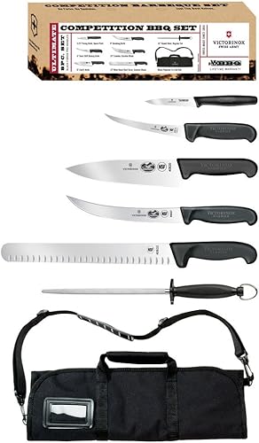 Miniatura 3 de Juego de 7 piezas de cuchillos para barbacoa Victorinox, con mangos profesionales de Fibrox color negro, incluye funda de transporte enrollable,