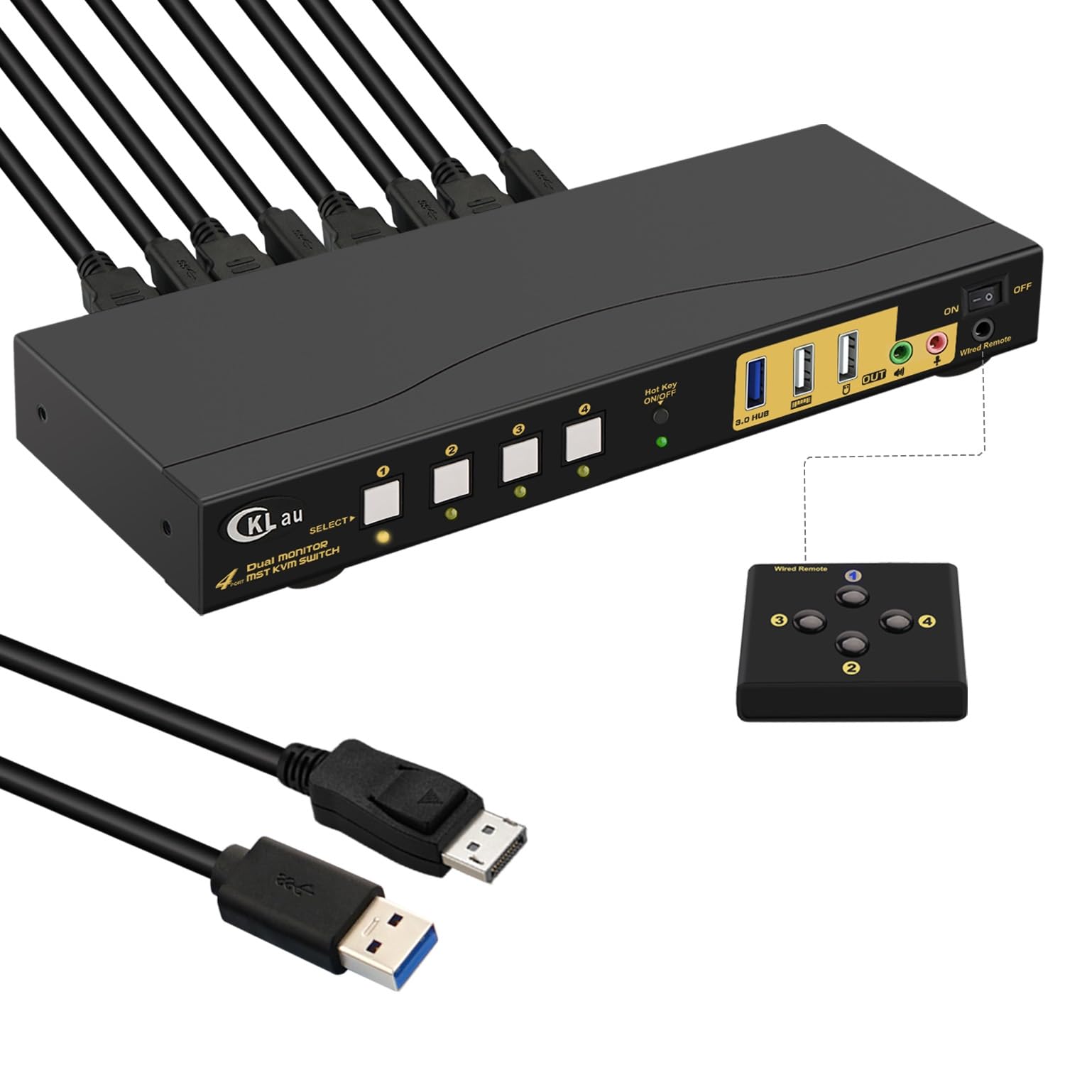 Commutateur KVM MST 4K60Hz 2K @ 144Hz 2 moniteurs 4 ordinateurs (1 entrée DP, DP + sortie HDMI) avec câbles, audio, microphone, hub USB 3.0 prend en charge le clavier et la souris, convient pour