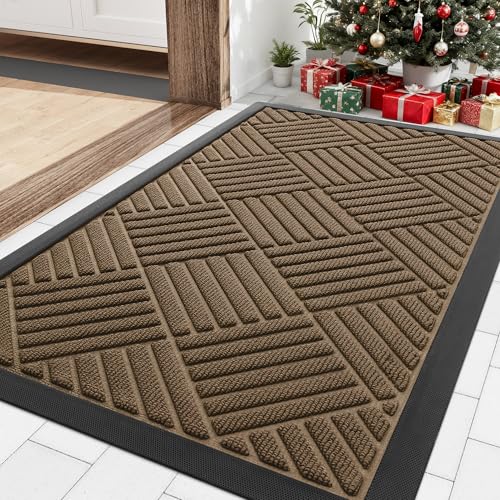 Smiry Front Door Mat Outside Entrance, Heavy Duty Outdoor Indoor Natural Rubber Doormat, Non Slip, Trap Dirt and Moisture, Easy Clean, Low Profile Patio Porch Entryway Mat, 29.5x17, Brown