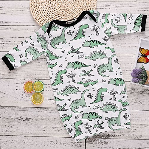 COLOOM Infant Baby Cartoon Dinosaur Pajamas Newborn Sleeper Gown Swaddle Hats 2Pcs Outfits, Green, one size (0-3M)3