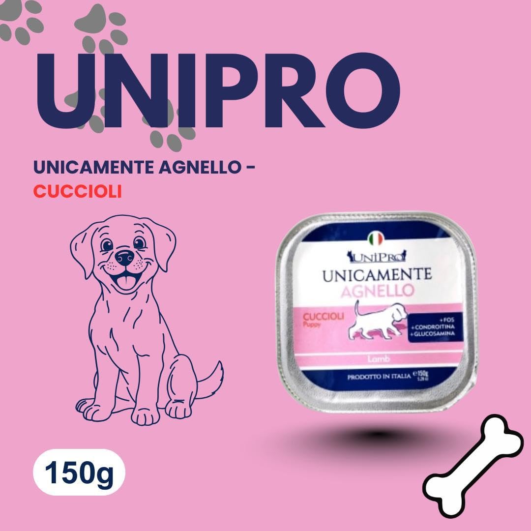 Umido Unipro Perro Unicamente Cordero, alimento completo monoproteico para perros cachorros de todas las tallas y razas | 12 recipientes de 150 gramos cada una, 12 x 150 g