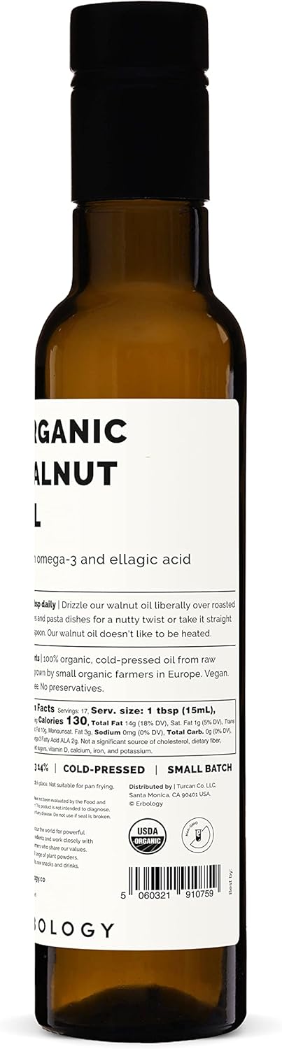 Erbology Organic Walnut Oil 8.5 fl oz - Cold-Pressed - Supports Cognitive Health - Straight from Farm - Non GMO - No Additives or Preservatives - Recyclable Glass Bottle