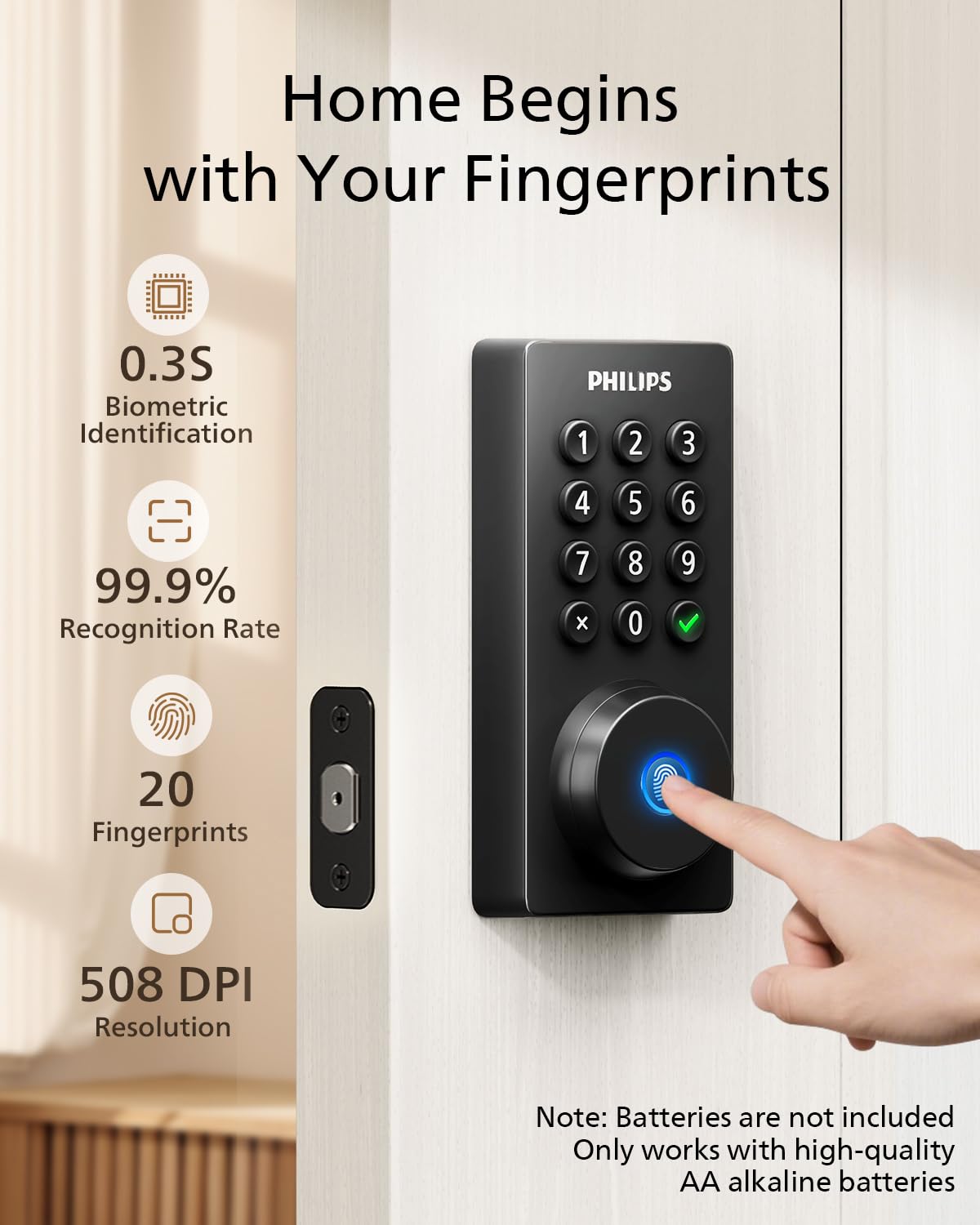Philips Wi-Fi Door Lock, WiFi Smart Lock Keyless Entry Deadbolt for Front Door, Compatible with Alexa & Google Assistant, Remote Control, Built-in WiFi, APP Fingerprint Passcode Unlock, Auto Locking