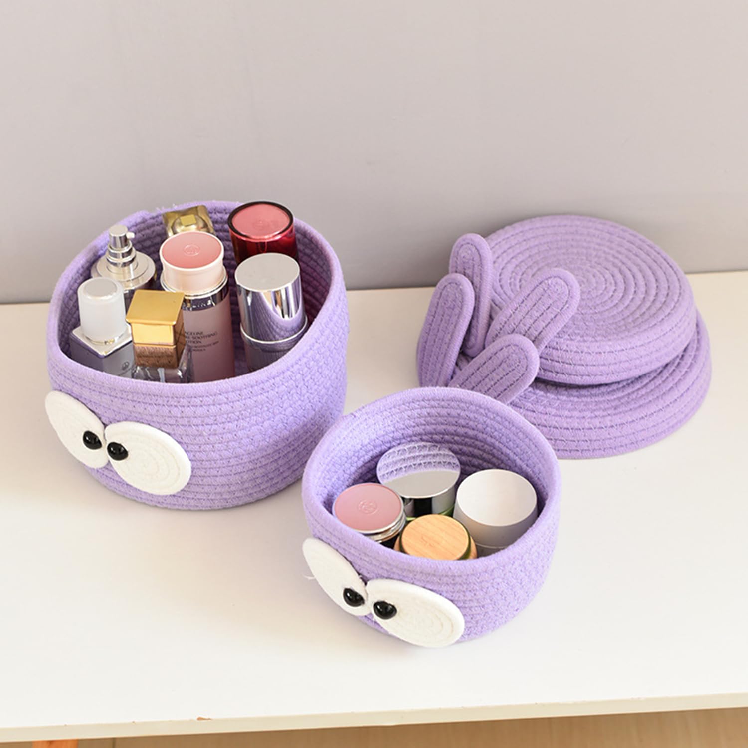 Small Woven Basket, 3pack, Small Storage Baskets for Organizing, small basket with lid，Gift Baskets Empty, Cute Rope Shelf Closet Storage Bins for Shelves, Dog Toy Basket, Purple
