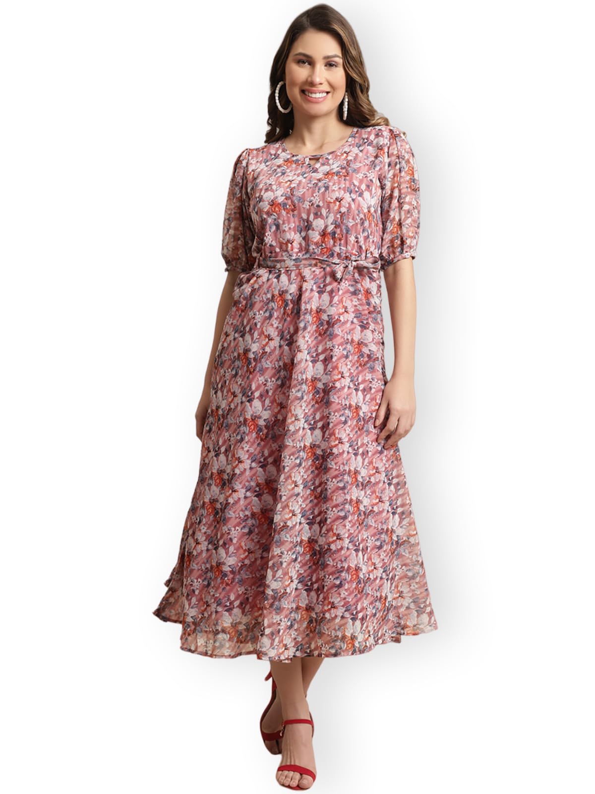 Preneum Women's Maxi Fit & Flare Latest Style Print Georgette Regular Sleeves Casual Summer Maxi Dress || Festival & Occasion, Peach, S