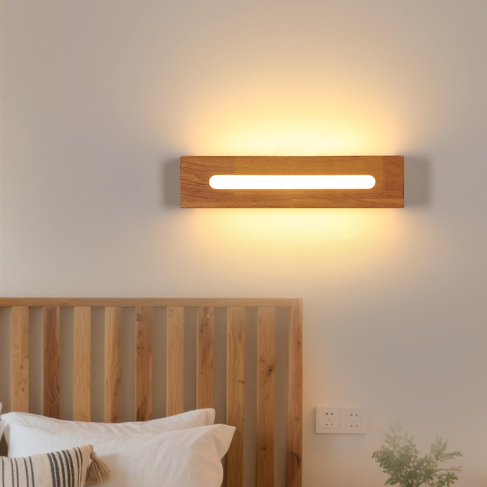 Lámpara de pared LED Madera, Aplique de pared Interior Estilo Nórdico, Luz Ccálida 3000K 18W Aplique Iluminación Ddecorativa para Salón, Dormitorio, Ppasillo, Baño
