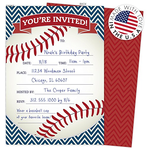 Baseball Party Invitations in Red and Navy. Set of 25 Baseball Themed Cards and Envelopes for Kids Birthday Parties, Baby Showers and Sprinkles, Bachelor or Bachelorette Parties, or Any Occasions.