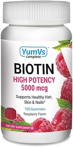 YUM-V's Gomitas de biotina – Vitaminas de biotina de alta potencia 5,000 mcg – Vitaminas naturales para el cabello sabor frambuesa – Gomitas Kosher
