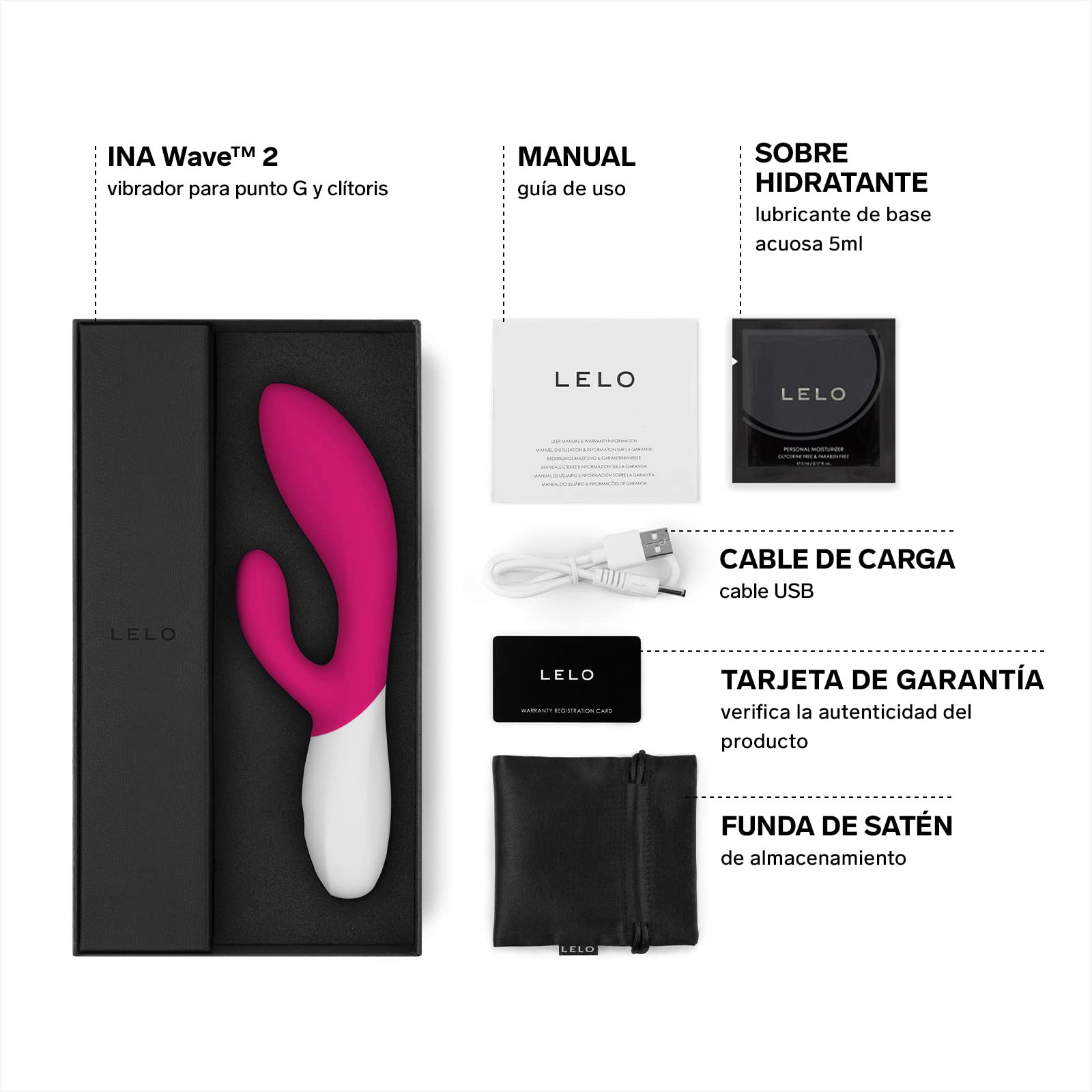 LELO INA WAVE 2, Juguete Erótico de Doble Acción, Conejito Vibrador para Mujer con Tecnología WaveMotion y 12 Modos de Placer, Cerise