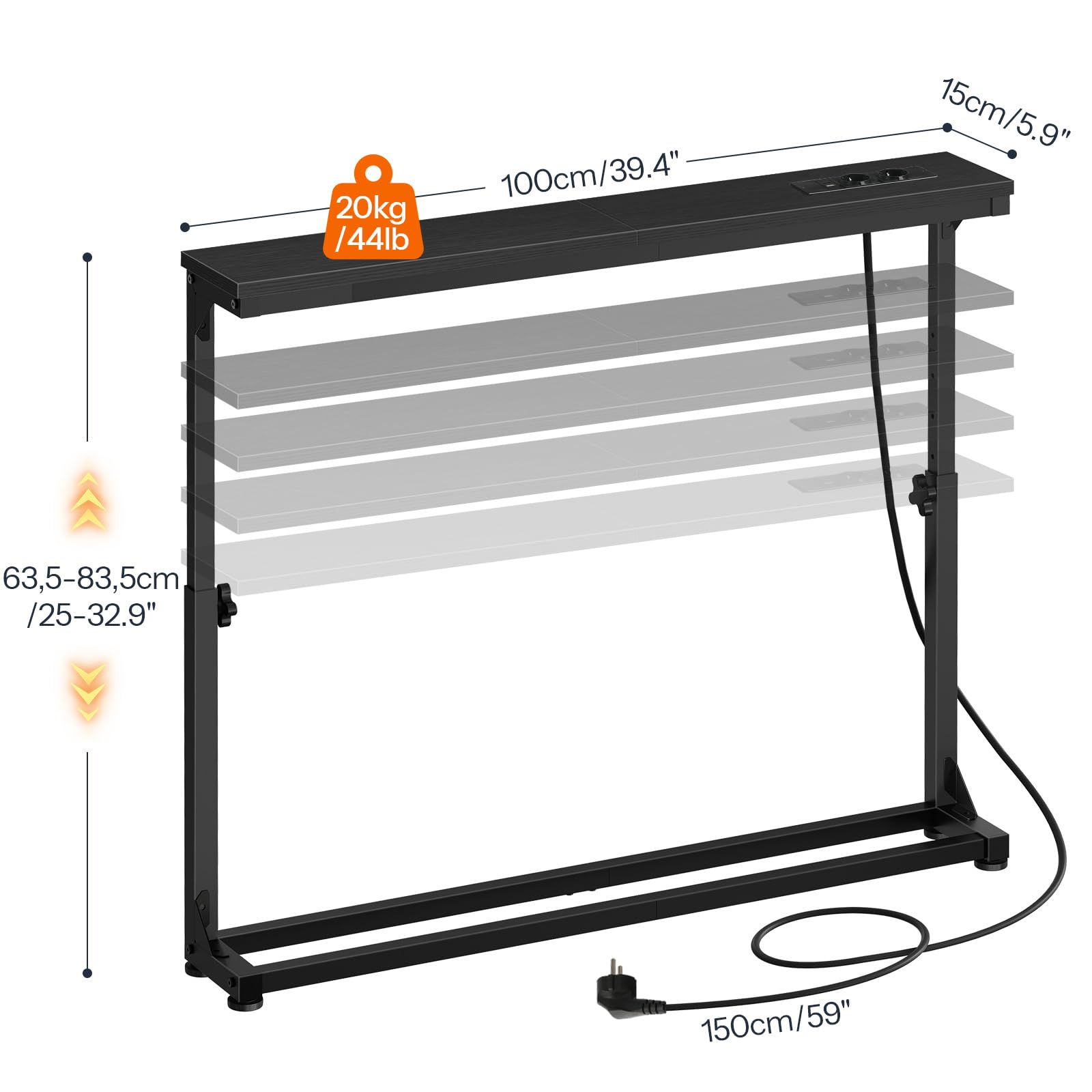 HOOBRO Set di 2 Tavolo Console Stretto da 15 cm con Stazione di Ricarica e Porte USB, Altezza Regolabile 63,5-83,5 cm, Tavolino per Ingresso, Consolle da Ingresso per Retro Divano, Nero EBB95CXGP201