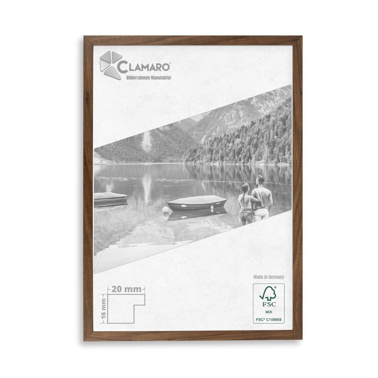 CLAMARO "COLLAGE 20" Marco de fotos 85x120 hecho a mano a medida | Nogal | Moderno marco de fotos MDF de madera de 20 mm de ancho y diseño slim, incluye vidrio acrílico, panel trasero y colgador