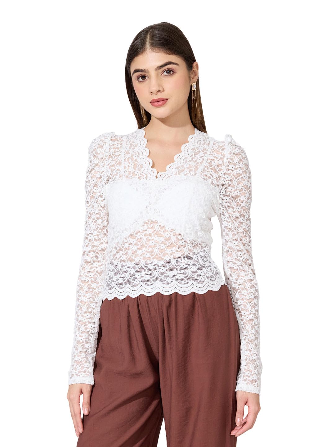Buy SHOWOFFFF Edition Women's Floral White Scallop V-Neck Sheer