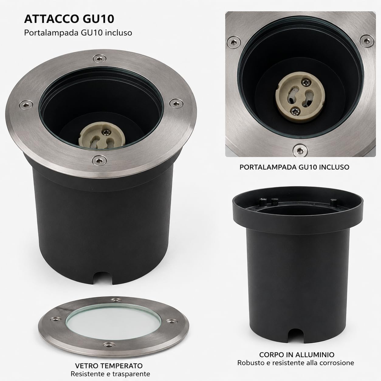 Faretto Calpestabile tondo GU10 da Incasso per Esterno IP65 Acciaio Inox 220V per Vialetti Giardini (4 pezzi)