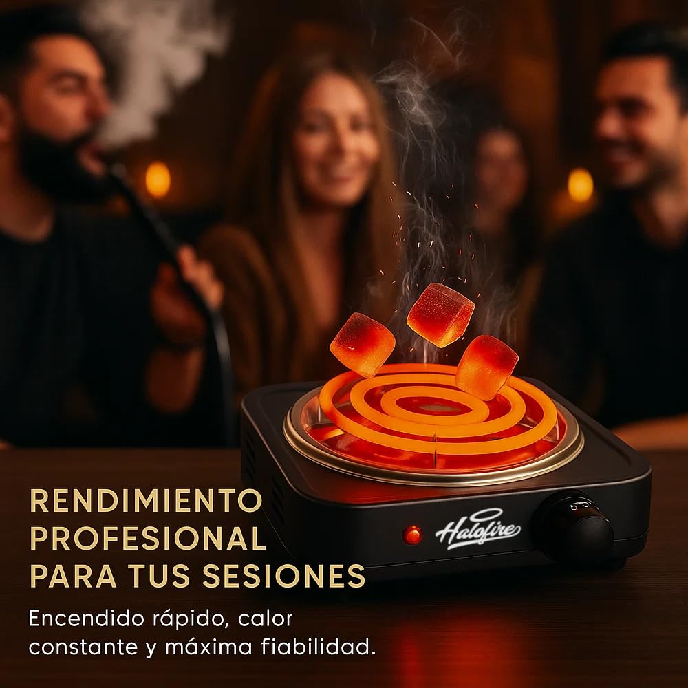 Halofire - Hornillo eléctrico 1000W para cachimba, Encendedor de alta potencia para carbón natural de shisha, Placa de fuego de cocina compatible para alimentos, camping fácil transporte. (Negro)