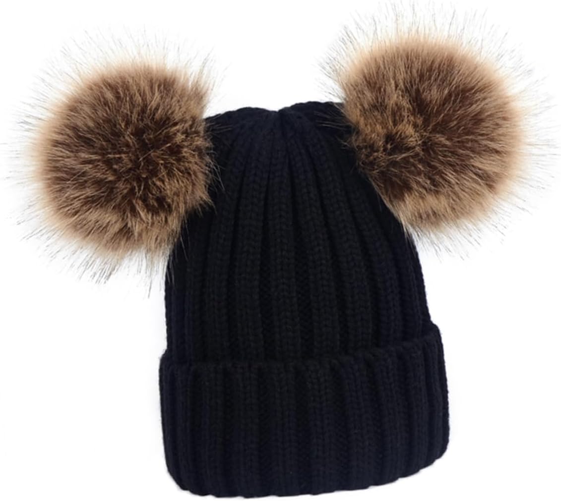 Kids Knitted Winter Hat with Earflaps, Two Fluffy Balls, Black