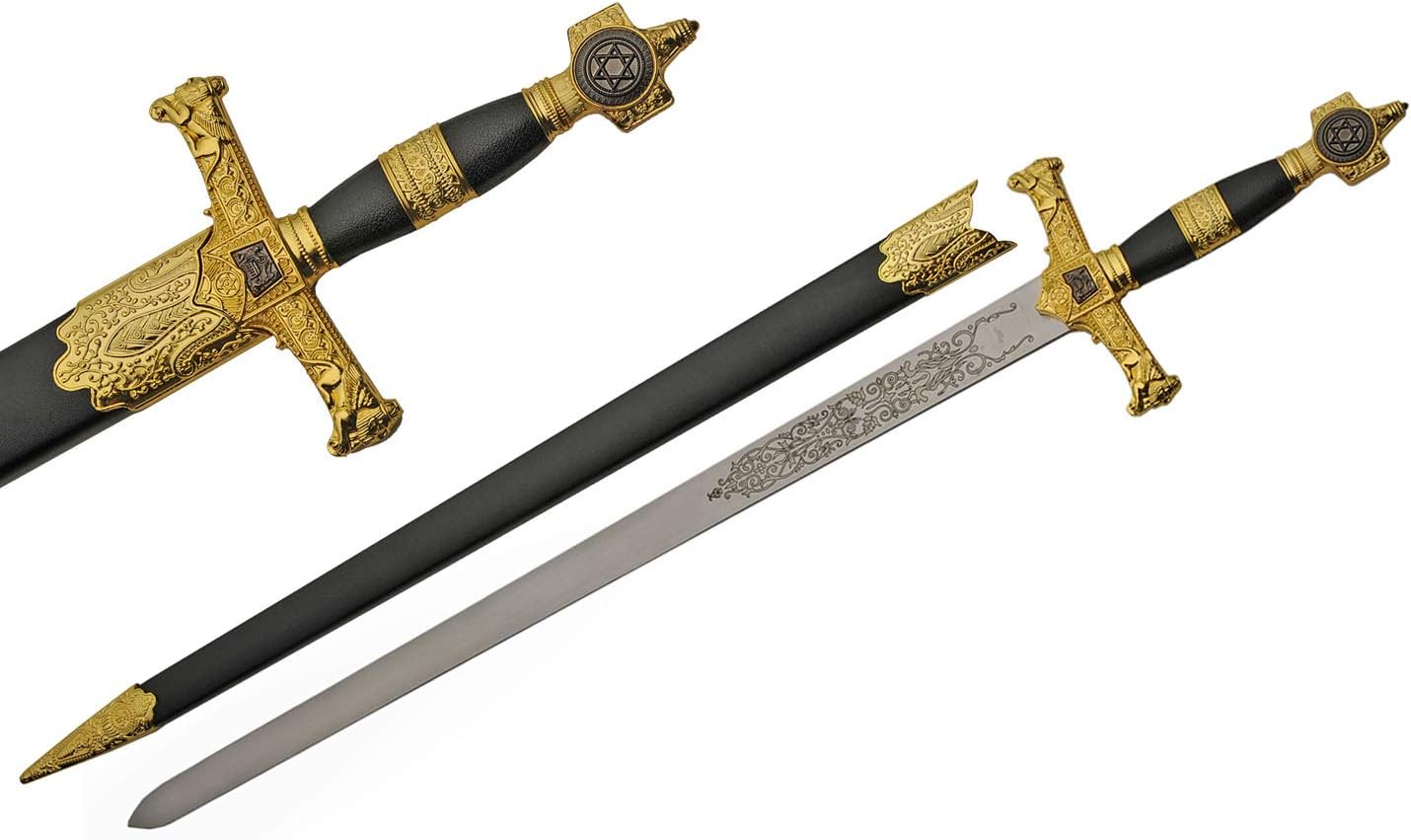 Supplies 33" Stainless Steel Gold Medieval Ceremonial Sword with Star of David โDisplay Sword with Scabbard for Collectors, LARP, Renaissance and Cosplay Use