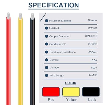 22 Gauge Silicone Wire 600V 22 AWG Stranded Tinned Coated Copper Wires 3 Color (Black, Red, Yellow) 7m/23ft Each Electrical Cable Hook Up Wire Kit for 3D Printer, Model Car