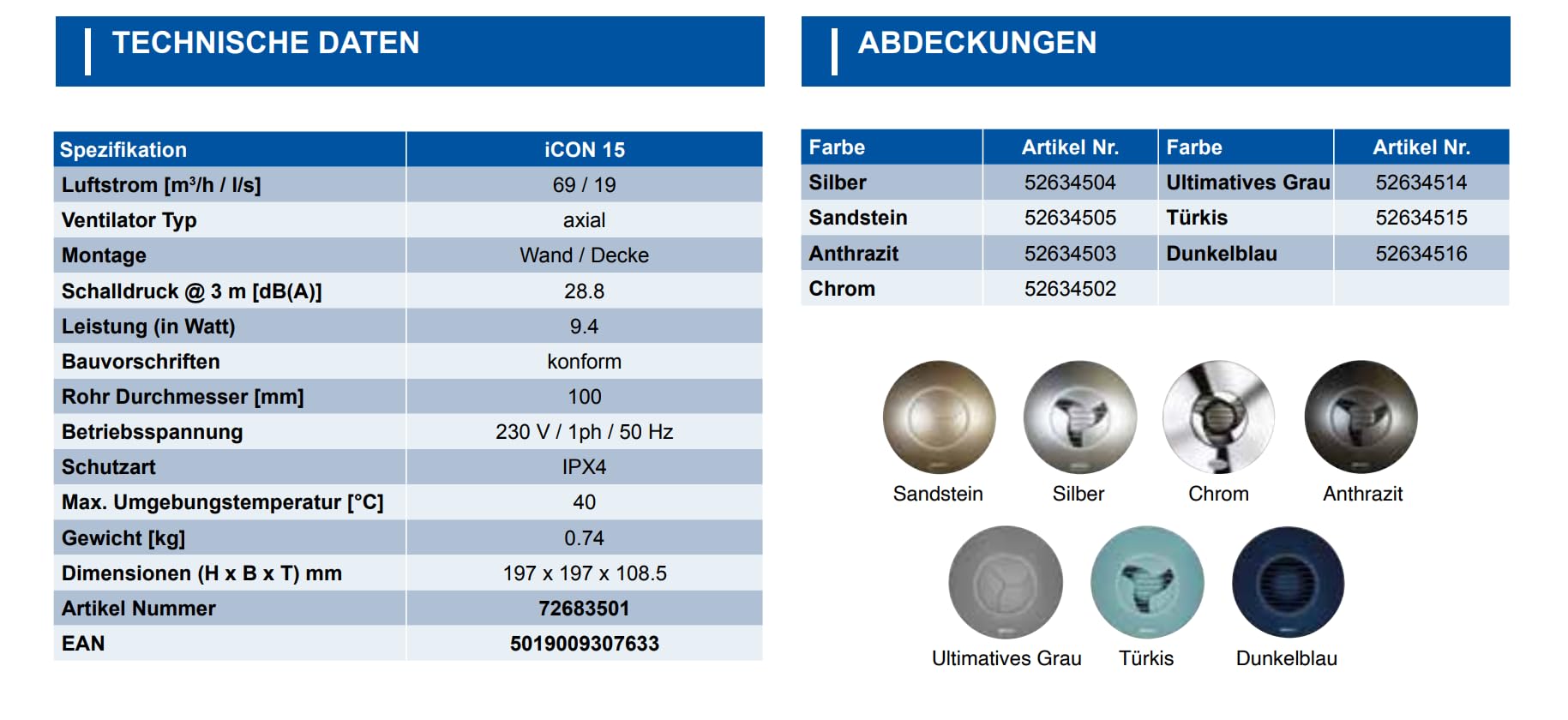 Airflow iCON 15 Badlüfter 100 mm, Abluftventilator 19 l/s, 9,4 W für Wand- & Deckenmontage mit Iris-Rückstauklappe, optional mit Feuchte-, PIR- oder Timer-Modul, 3 Jahre Garantie