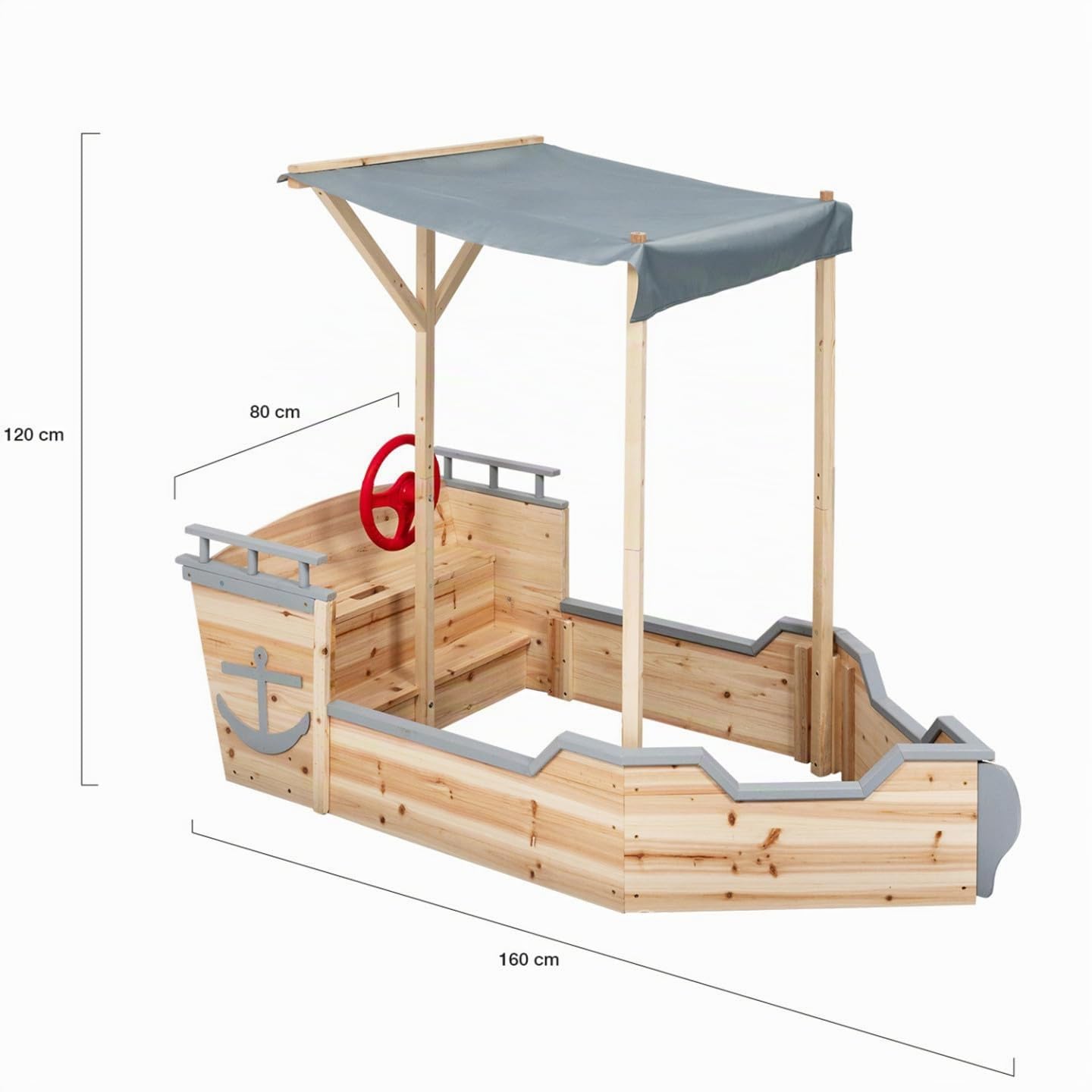 IDMarket – Bandeja de arena World Madera Barco Pirata con Banco Baúl y Techo Gris