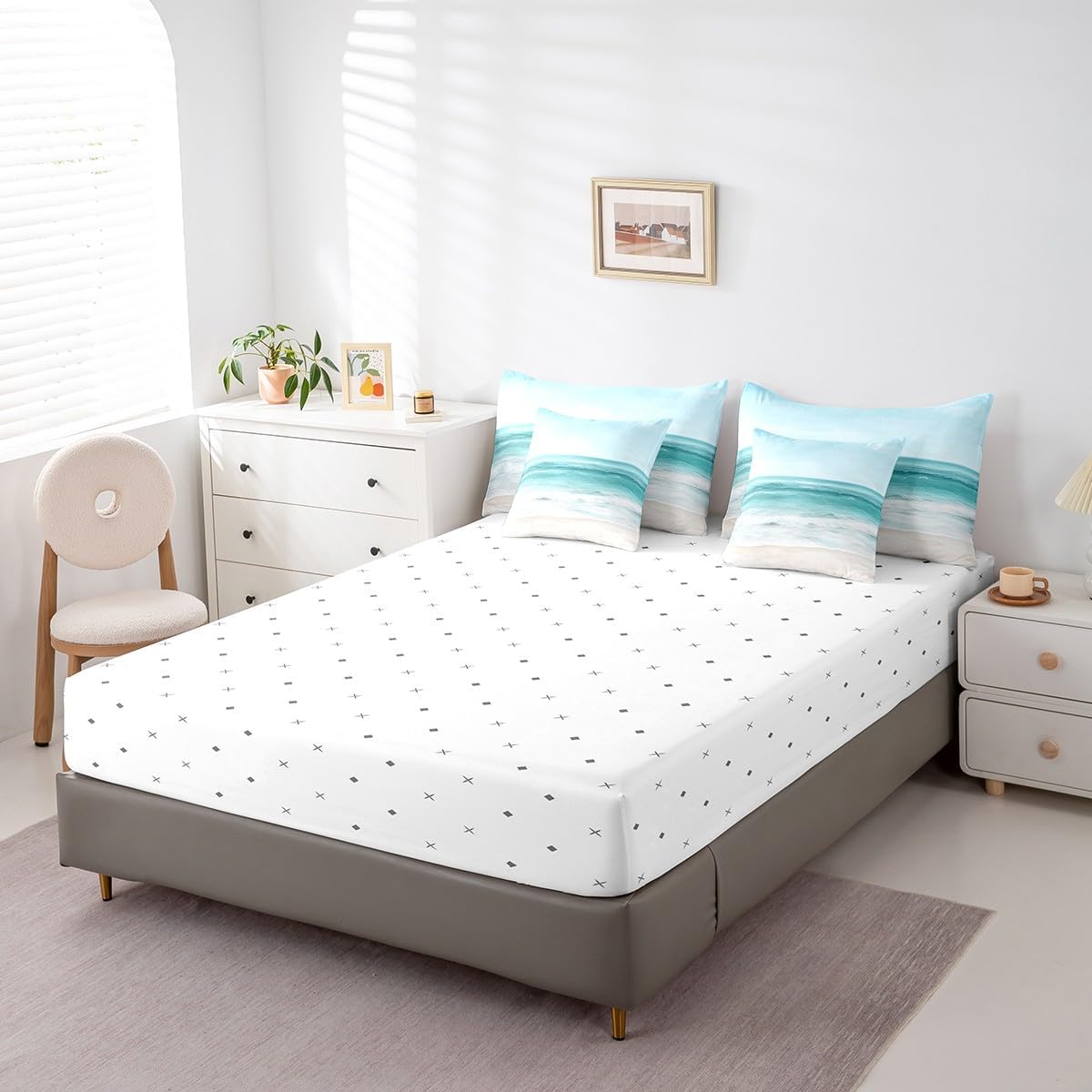 jejeloiu Ocean Comforter Set with Sheets Full Size Kids Beach Theme 7 Pieces Bedding Set for Boys Girls Teens Coastal Nautical Bed in a Bag Breathable Starfish Seashell Conch Bed Set Hawaiian Beach