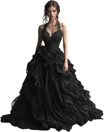 Women's Gothic Halter Ruffle Prom Dress Lace Formal Party Ball Gown