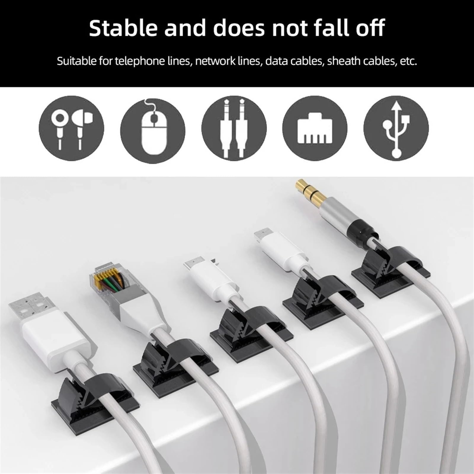 Organizador de cables USB adhesivo, soporte de fijación con clip for cables de coche, abrazadera de montaje ajustable for gestión de cables, enrollador de cables de red for oficina(50PCS-White)