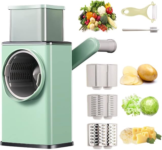 ANBOO Rotary Cheese Grater, Rotary Grater with 6 Drum Blades, Cheese Grater with Strong Suction Base, Graters for Kitchen Vegetable Slicer for Salad, Carrots, Fruit, Veg (Green)