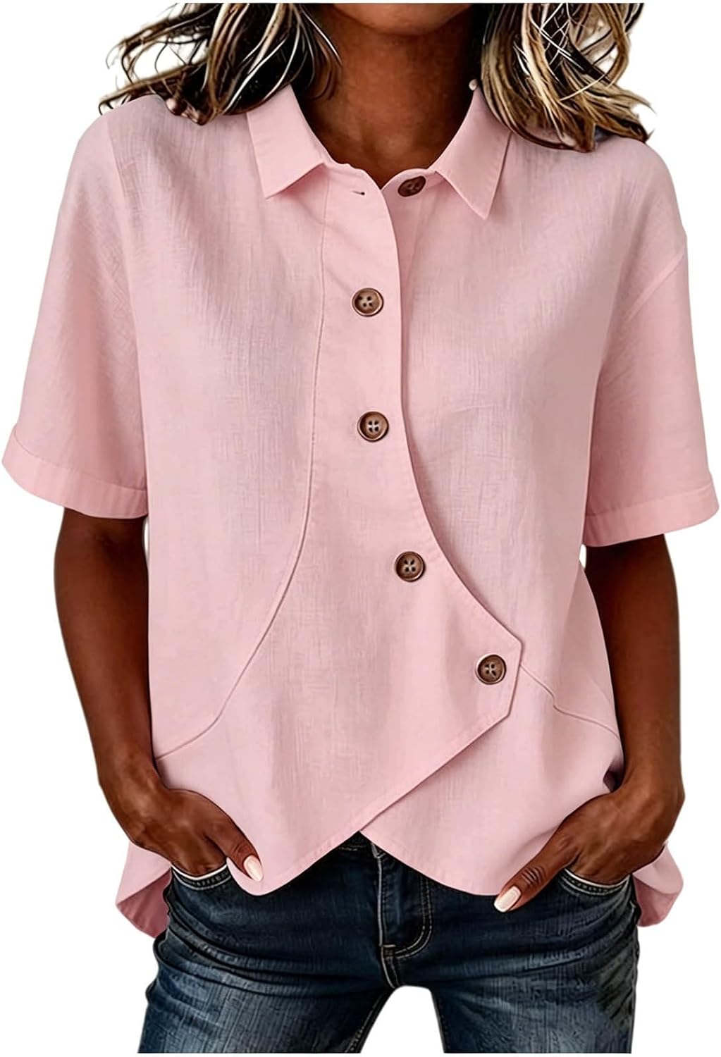 Womens Button Down Shirts Short Sleeve Asymmetrical Dressy Casual Summer Tops Collared Loose Fit Fashion Blouses