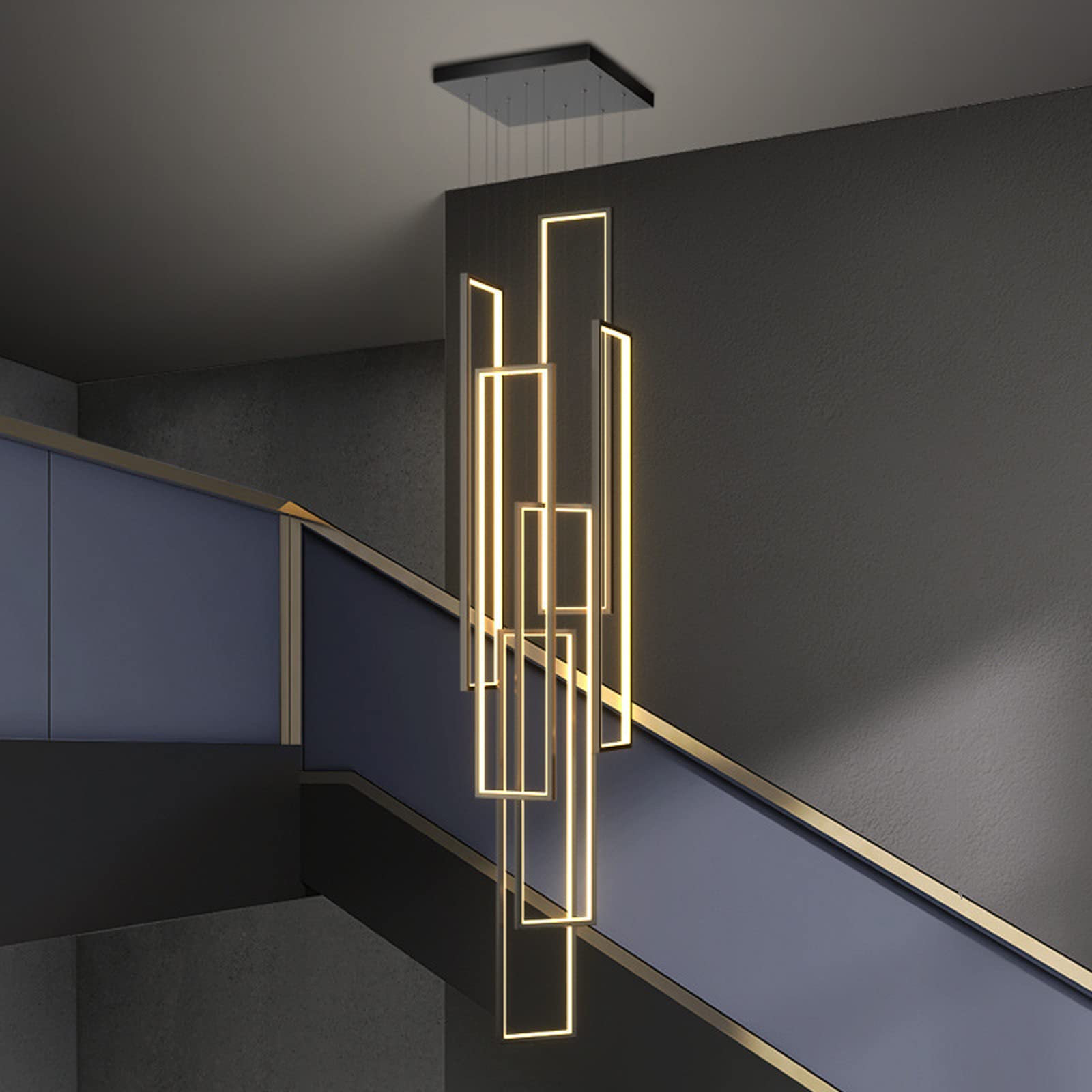 LYMSXAZOU Modern Led Stair Long Villa Chandelier Minimalist Creative Rectangular Duplex Nordic Luxury Loft Living Room Lamps Dimming with Remote pendnat Light Fixtur