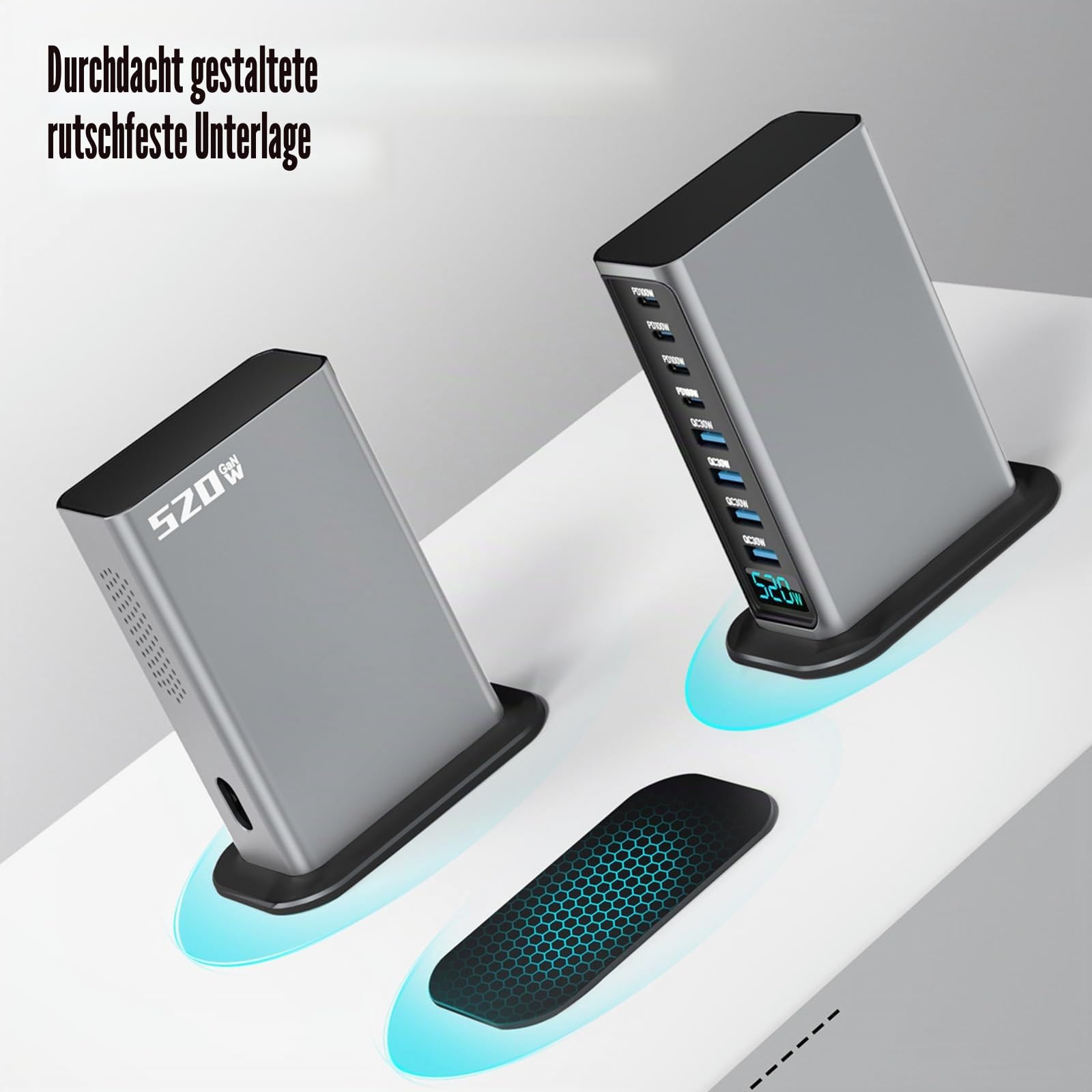 USB Schnellladegerät, 520W USB C Ladegerät Mehrfach mit Digitalanzeige, 8 Port USB Charging Station mit GAN III und PD 3.0, Schnellladestation mit 4USB C & 4USB A für Telefon, Tablets, Laptop