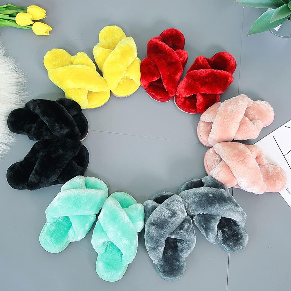 Girls Fluffy Cute Fuzzy Slippers - Open Toe Warm Fur Slides Cross Band Plush Slip on House Indoor Slippers - Image 6
