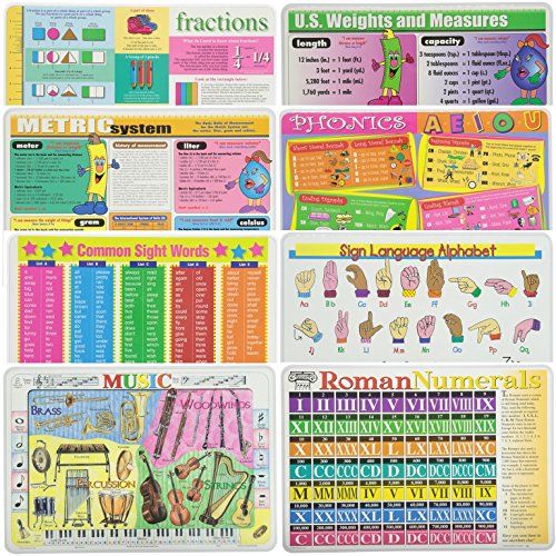 Painless Learning Educational Placemats for Kids Fractions, Metric System, Common Words, Music, U.S Weights and Measures, Phonics, Sign Language, Roman Numbers 8 Pack