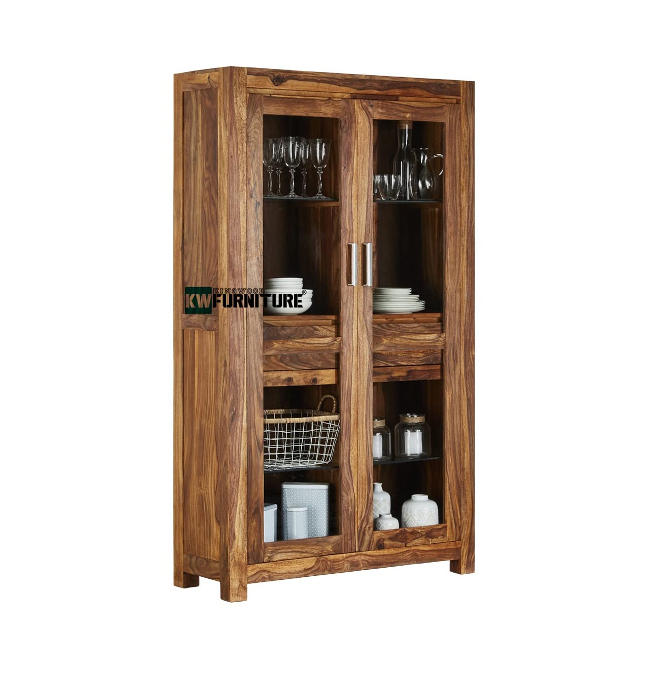 KINGWOOD FURNITURE Bern Kitchen Crockery Cabinet with Glass Door | Kitchen Showcase Cabinet | Kitchen Storage for Crockery Cabinet Almirah in Solid Sheesham Wood with Honey Finish-image-34