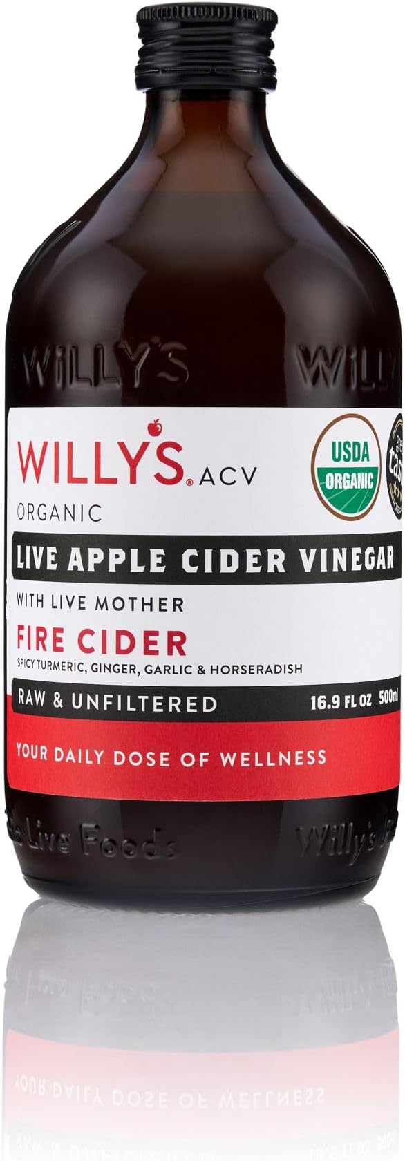 Willy's Organic Live Fire Cider with Mother - Probiotocs for Detox and Gut Health. 16.9oz Glass Bottle. A fiery apple cider vinegar blended with horseradish, garlic, onion, fresh turmeric, fresh ginger, honey and cayenne pepper. This warming recipe contains our original live apple cider vinegar containing 48 wild apple varieties, creating a balanced savoury taste.