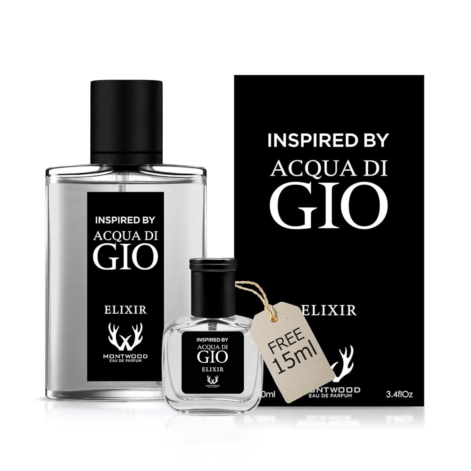 MONTWOOD Eau de Parfum – Long-Lasting Aquatic Fragrance for Men – 100mL Perfume Spray with Bonus 15mL Perfume Sample (Randomly Selected) – Inspired by Acqua di Gio Elixir