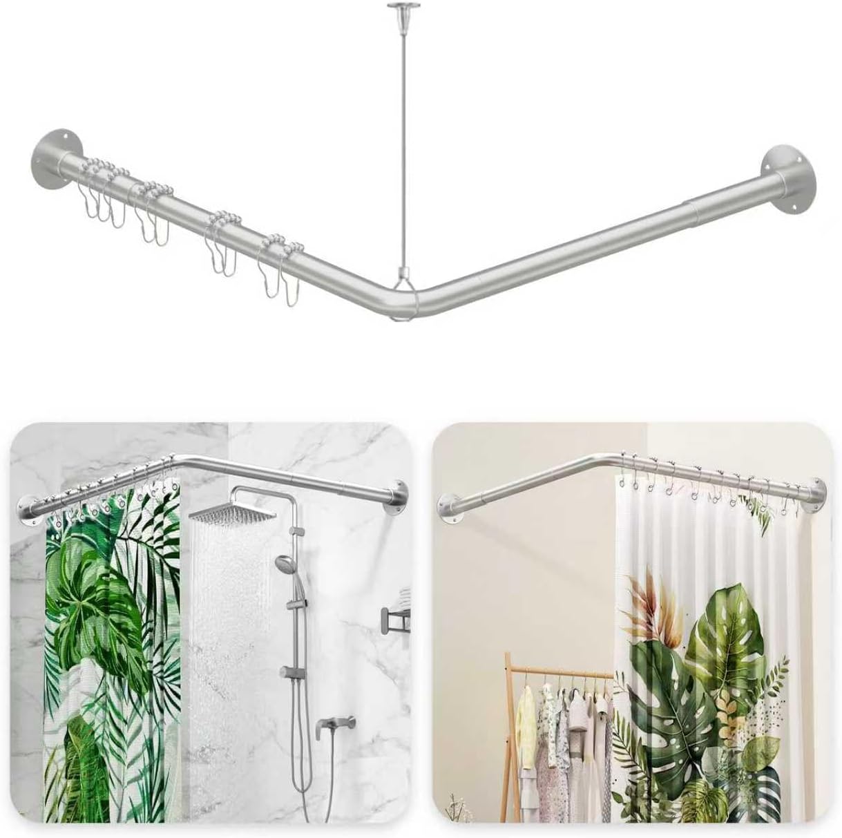 Corner Shower Curtain Rod, Adjustable L Shaped Shower Curtain Rod 23''-50'' X 23''- 50'', Shower Rod for Bathroom Bathtub Clothing Store with 12 Shower Curtain Rings & Ceiling Support - Silver