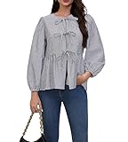 Mesoli Womens Striped Puff Long Sleeve Tops Peplum Babydoll Tie Front 2025 Trendy Loose Fit Blouse Shirt Black L