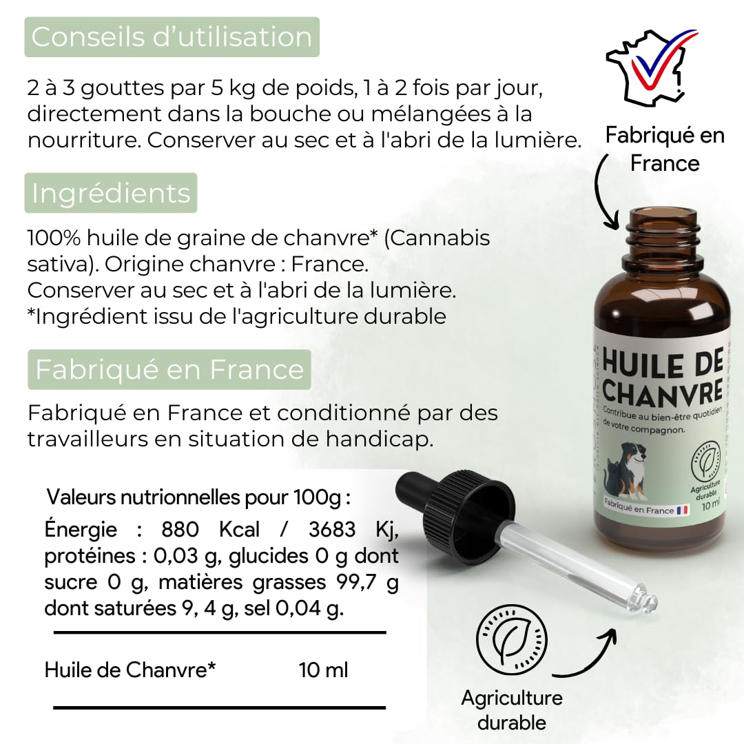 TEROSMOSE • Huile de Chanvre Premium pour Chiens & Chats - 100% Naturelle & Pure - Soutien Sérénité, Stress & Relaxation - Beauté du Pelage & Confort Cutané - Fabriqué en France