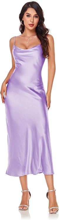 Stunning Purple Satin Midi Dress | Cowl Neck, Spaghetti Straps, Sexy & Elegant
