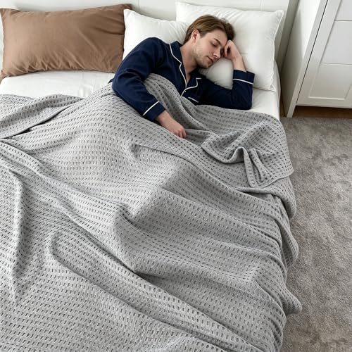 Consequentw Manta Premium de bambú y algodón con textura de gofre, mantas suave y transpirable para sofá, cama o sillón, manta ligera multicapa para el hogar, viajes y camping (Gris, (59'x79'))
