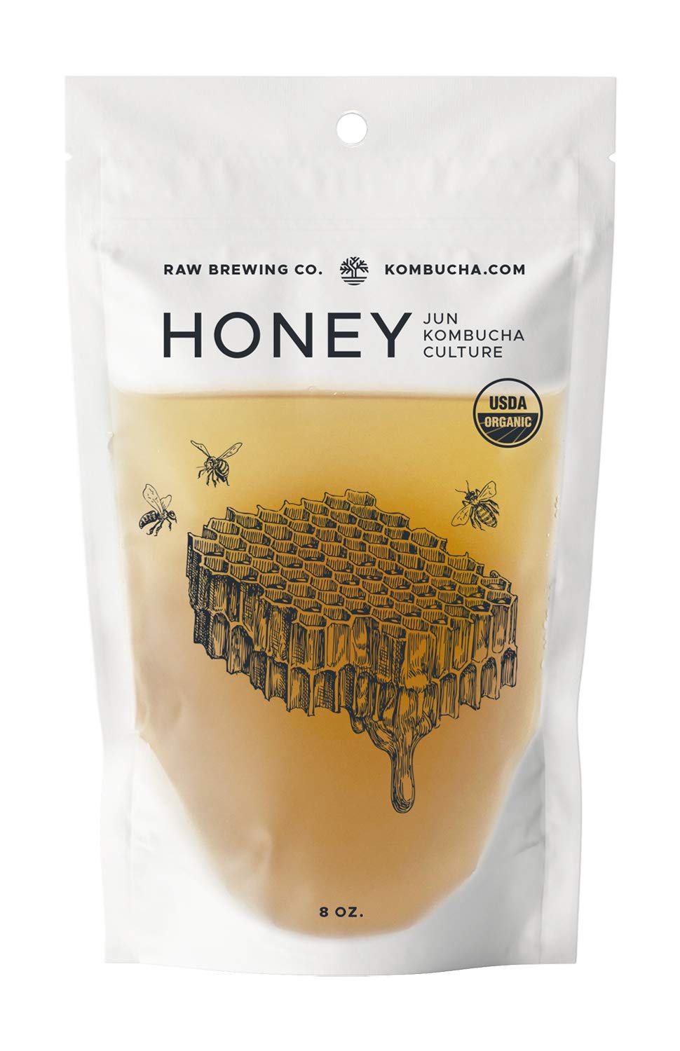 Raw Brewing Company Kombucha.com Certified Organic JUN Kombucha Scoby (Honey) + SUPER STRONG starter liquid. 8 oz. Makes 1/2 or 1 Gallon. Includes FREE Kombucha.com Organic Mixed Tea Blend Sample.USDA Organic