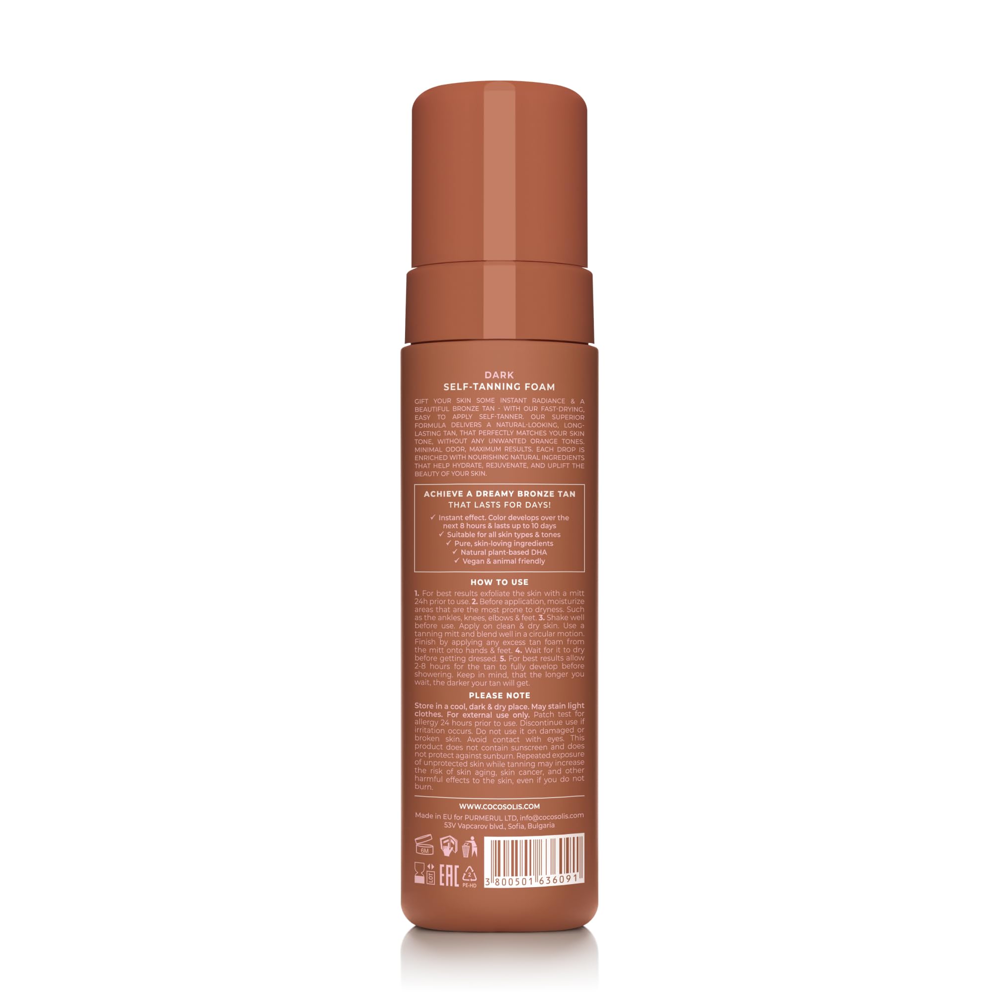 COCOSOLIS SOLIS Dark autobronzant foncée visage et corps, mousse pour un bronzage riche, naturel et longue durée, au DHA végétal (200 ml)