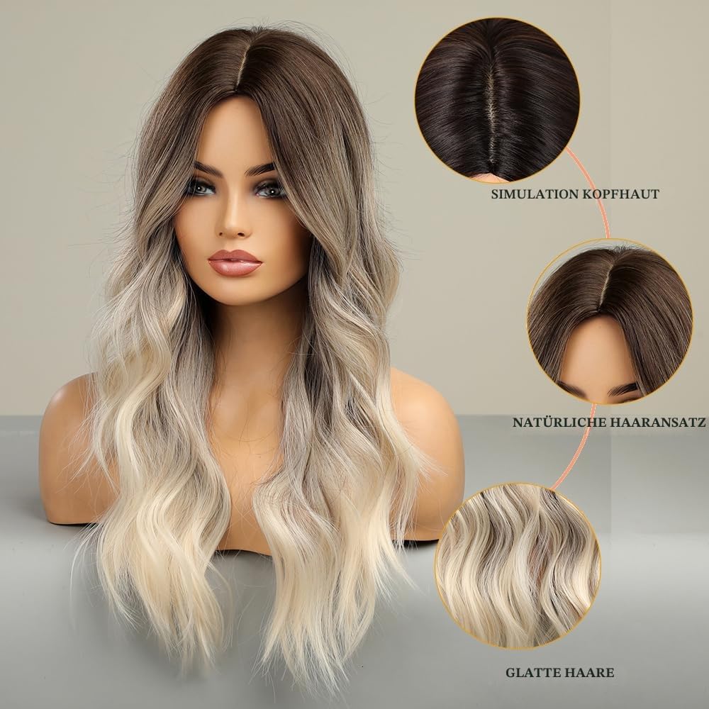 Esmee Lange Lockige Ombre Braun zu Blond Perücken für Frauen Synthetisches Haar Hitzebeständig Ombre Perücke für Tägliche Party Cosplay Verwendung