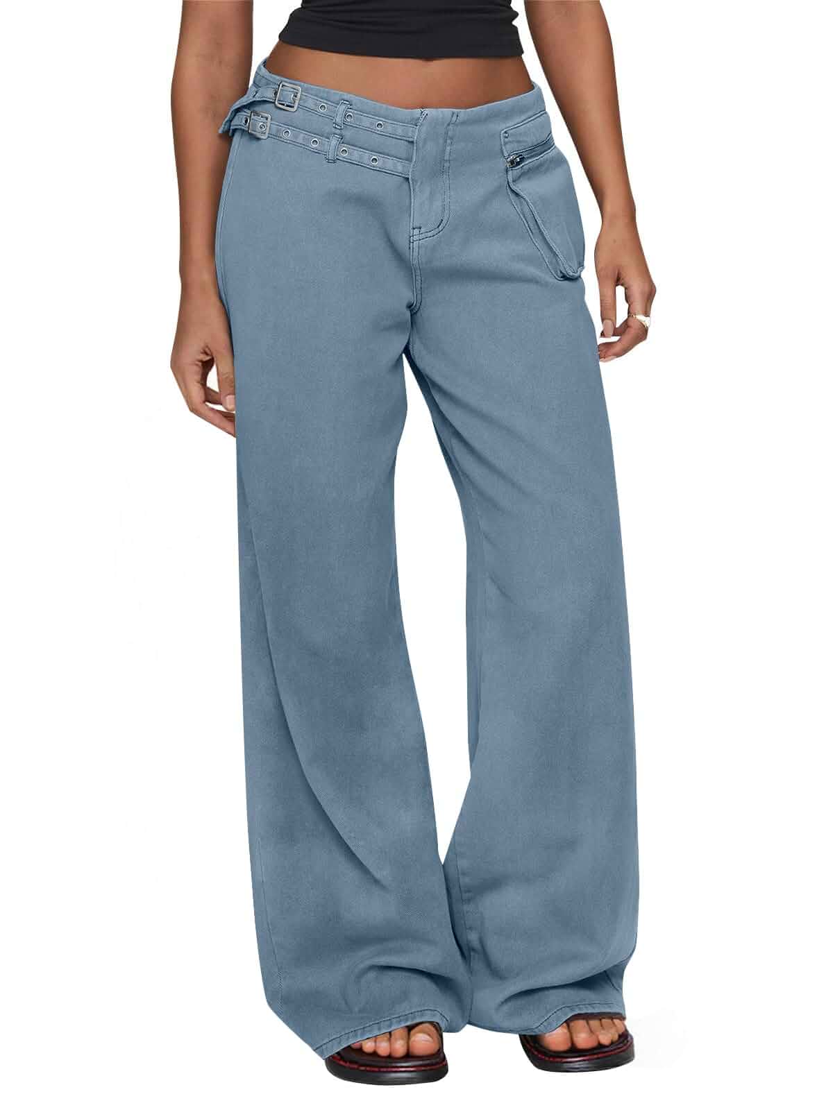 Cicy Bell Womens Low Rise Wide Leg Cargo Jeans with Buckle Detail Multi Pockets 100% Cotton Y2k Baggy Denim Pants Jeans