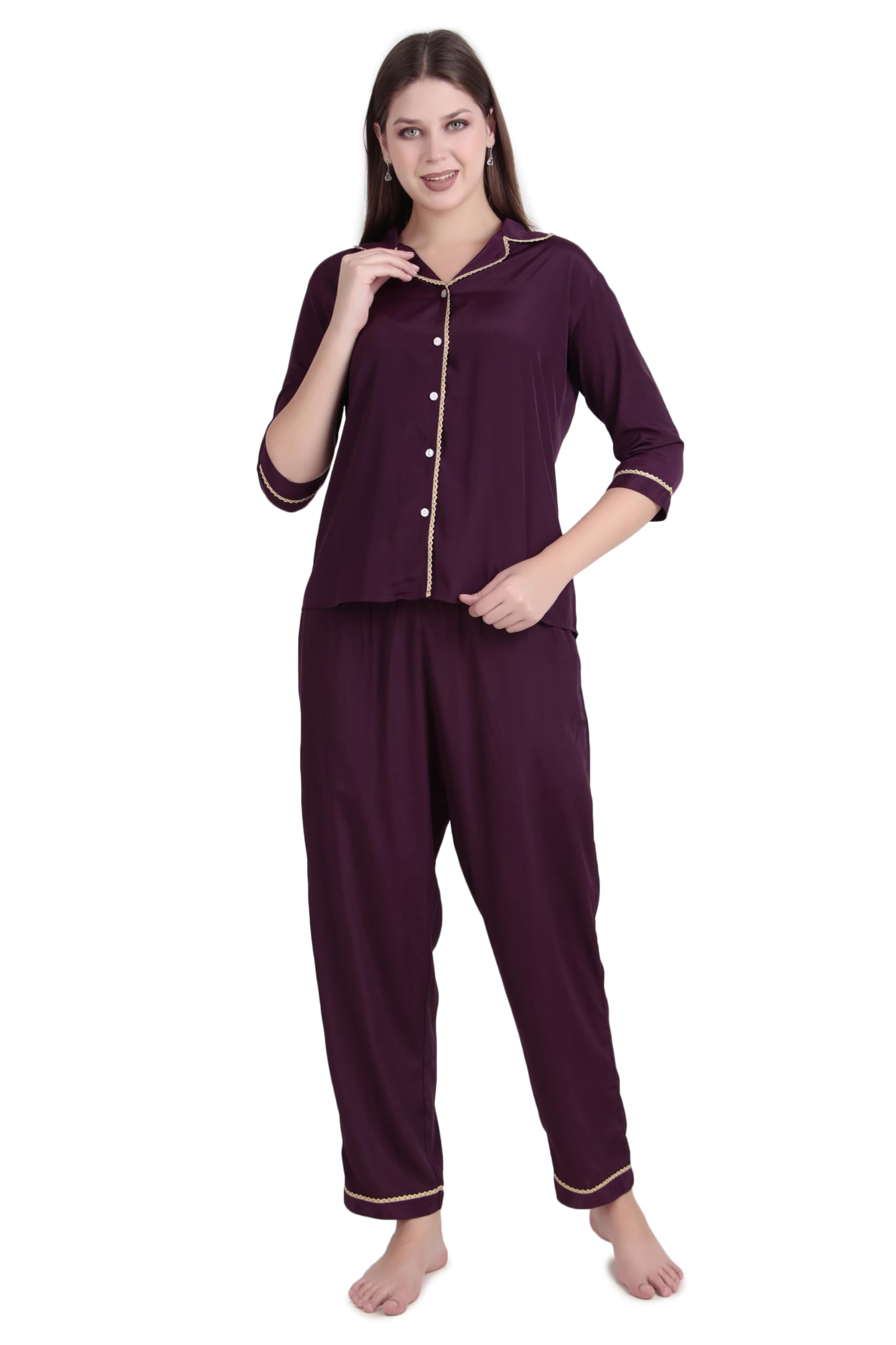 Satin Casual Simple Solid Design Full Sleeve Sleepwear Night Suit Pyjama Set for Women-image-42