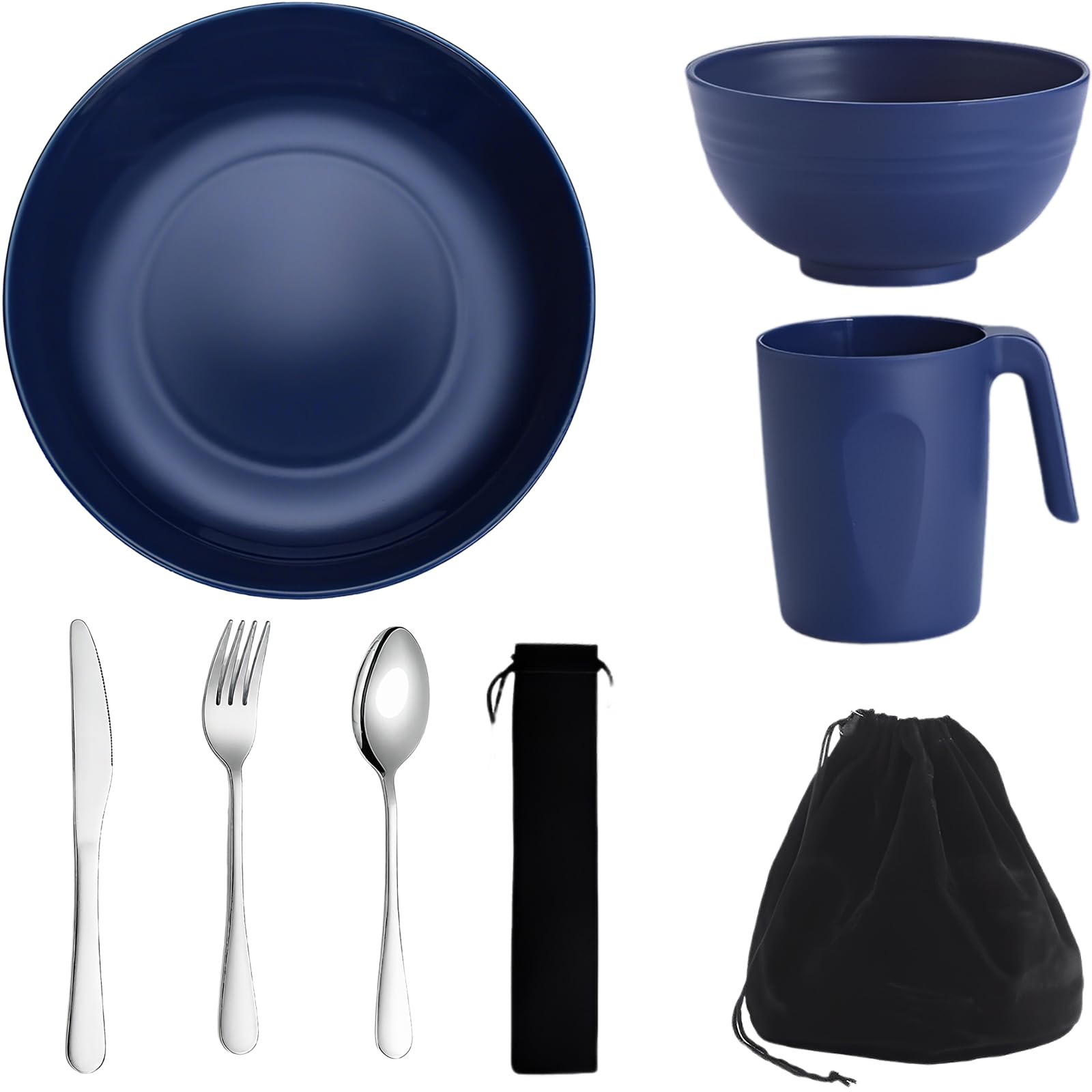 Houbobo Camping Plates and Bowls Set, Unbreakable Camping Cutlery Set with Mug, Knife, Spoon, Fork and Storage Bag, Dinnerware Sets for Apartment Essentials, Travel and Outdoor Camping (Blue)