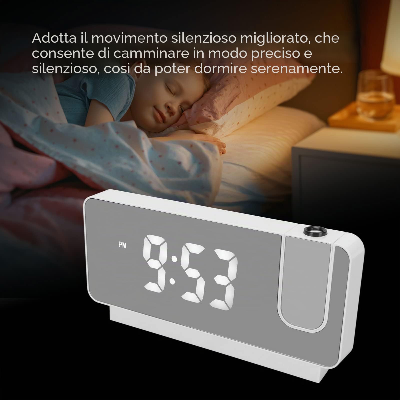 Orologio Digitale con Proiezione LED per Camera da Letto, Sveglia con Display di Ora, Data e Temperatura, Proiettore Regolabile 180° per Parete e Soffitto, USB Caricabile (Bianco)