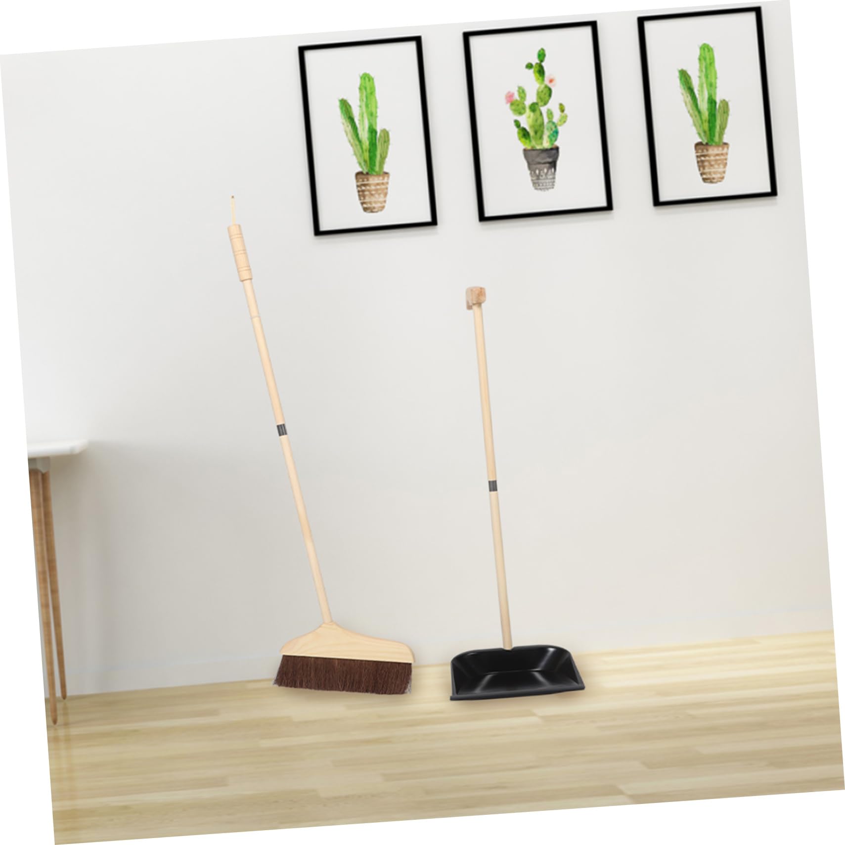 Juego de Escoba y Recogedor Mango Largo Desmontable de Madera | Cerdas Suaves, Limpieza de Pisos y Dormitorio, Atornillar y Quitar, Acabado Negro, Hierro
