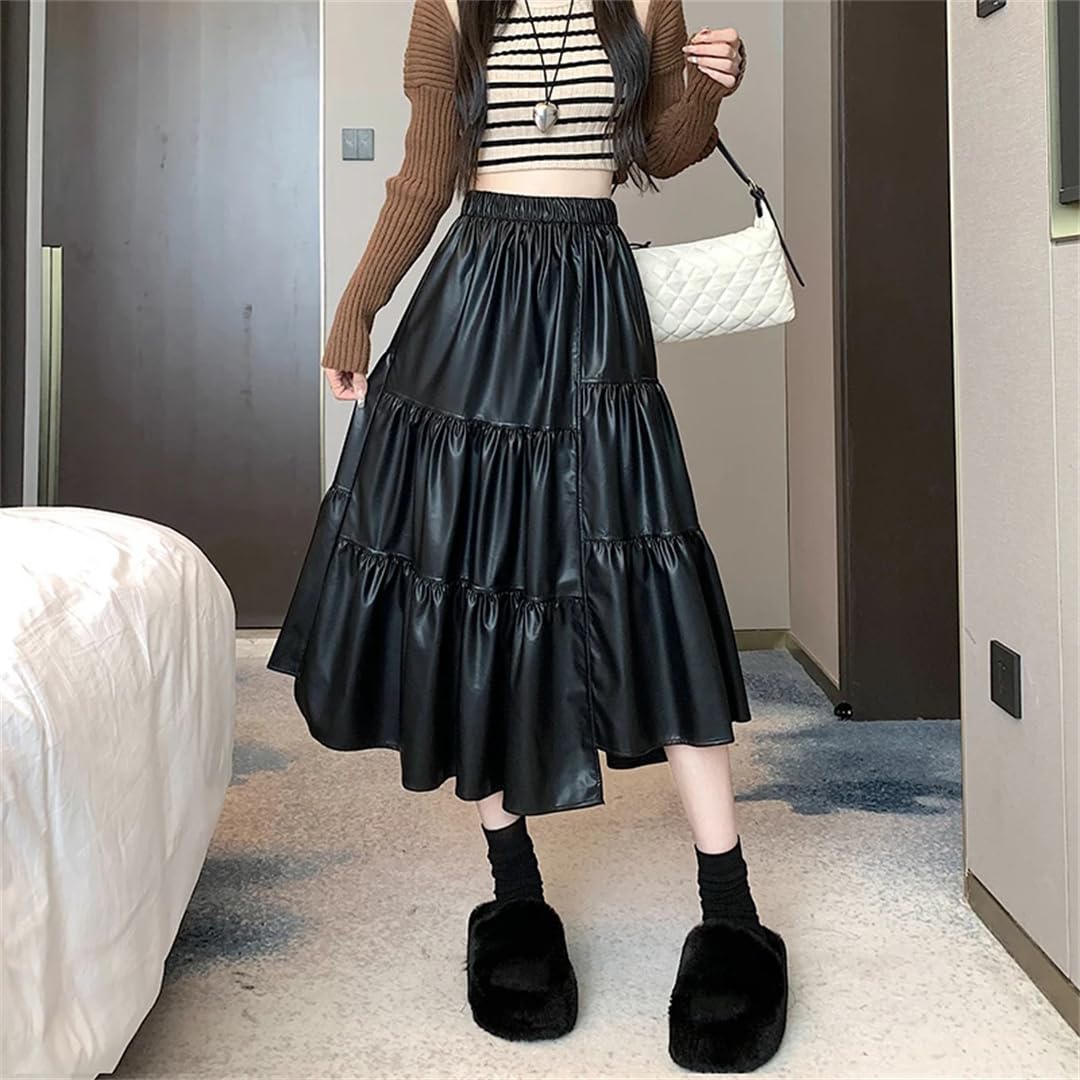 Otoño Invierno Irregular Faux PU Cuero Mujeres A-Line Falda Alta Cintura Recta Shirring Paraguas Faldas